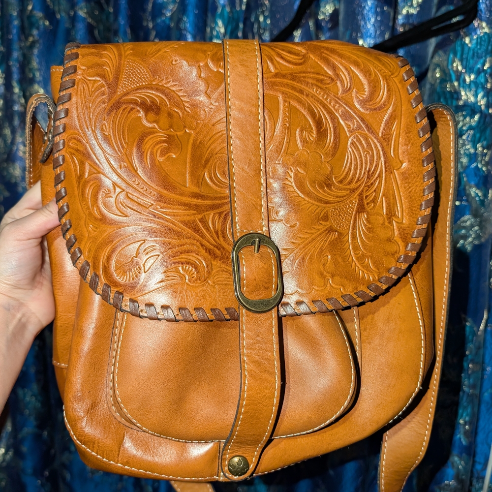 Elegant Tan Leather Embossed Women's Bag